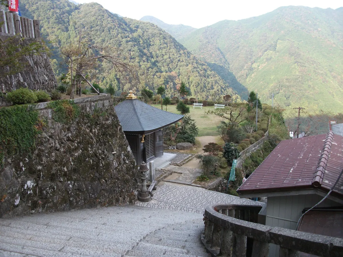 表参道の石段から見下ろす那智山の山あいの風景